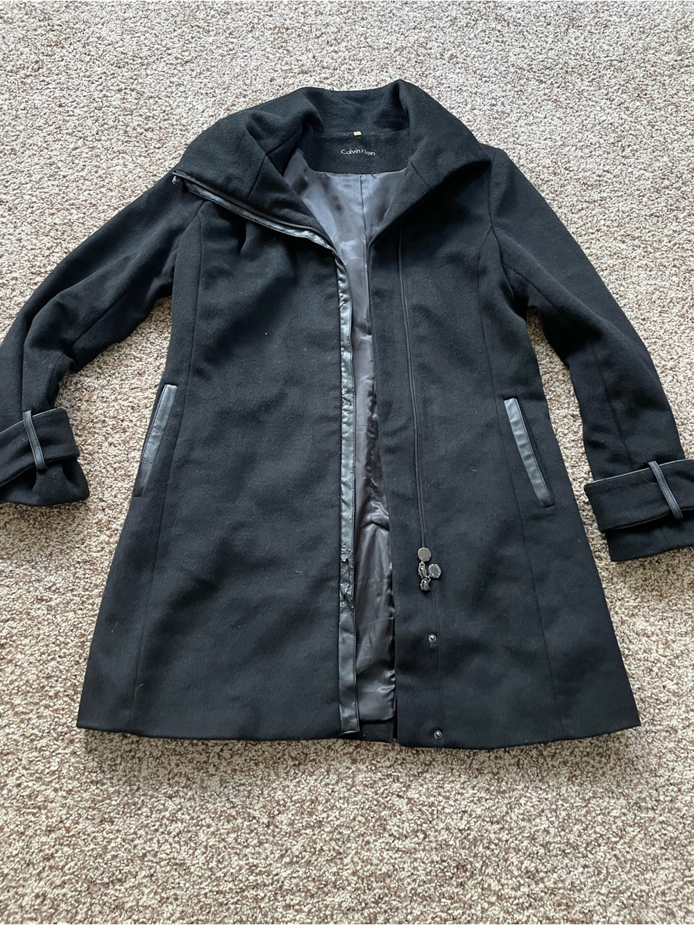 Calvin Klein Black Trench Coat with Faux-Leather Trim